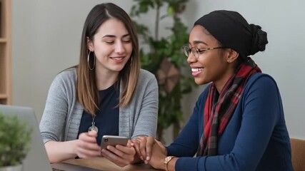 Smiling Diverse Women Collaborating on Smartphone: Colleagues Share Digital Content and Engage in Discussion in a Modern Workspace - Powered by Adobe