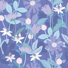 Shade of blue floral and green leaf seamless pattern