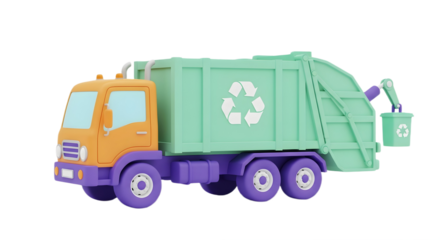 Cartoonish recycling truck with orange cab on transparent background, png
