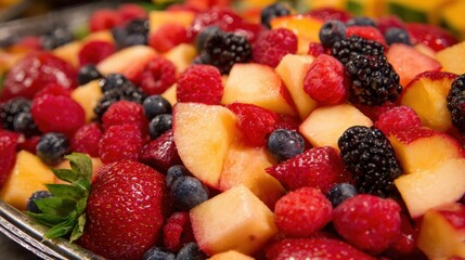 Obraz premium A vibrant mix of fresh fruits is arranged beautifully showcasing strawberries blueberries raspberries blackberries and peaches perfect for a summer treat or healthy snack.