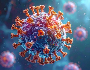 Rendered microscopic view of a virus with spiky exterior, in blue hue