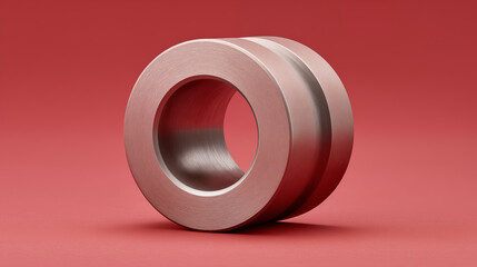 Metallic cylindrical rings with brushed texture on red background, showcasing industrial design and modern materials. Ideal for manufacturing concepts
