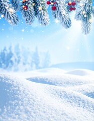 Winter wonderland background with snowy fir branches, red berries, sparkling lights, and glistening snowdrifts under a bright blue sky. Perfect for Christmas and New Year designs.