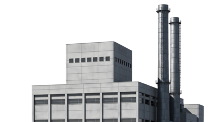 A large industrial building with tall chimneys on transparent background, png