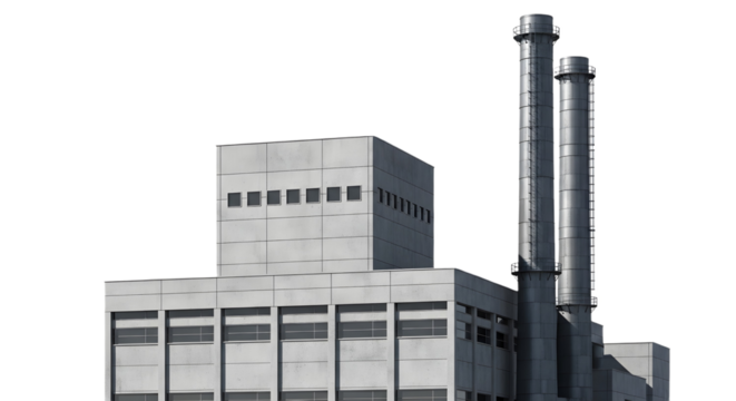 A large industrial building with tall chimneys on transparent background, png - Powered by Adobe