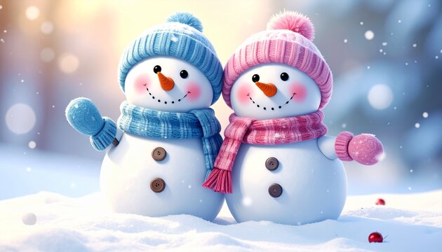Cute Snowman Couple in Winter Wonderland, Festive Holiday Scene with Snow and Bokeh