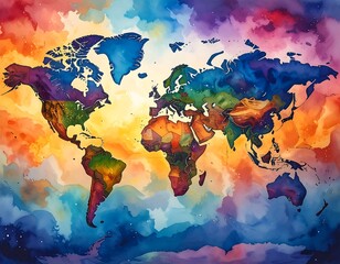 A vibrant watercolor painting of a global map, displaying continents in a kaleidoscope of bold colors and abstract patterns