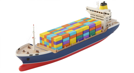 A cargo ship filled with colorful containers on transparent background, png