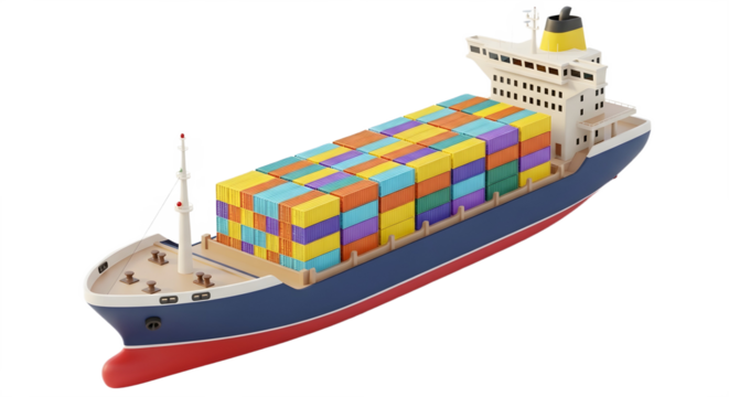 A cargo ship filled with colorful containers on transparent background, png
