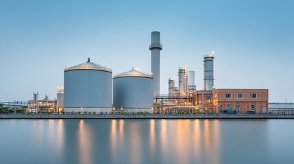 Obraz premium Industrial Power Plant during Twilight with Warm Glow Reflecting on Water Surface Under Clear Sky