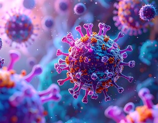 Rendering of a virus cell in close-up, with spike proteins visible