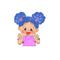 Cute happy girl with blue hair smiling and waving hands on black background