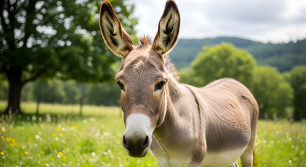 Friendly Donkey Standing in a Green Meadow with Wildflowers on a Sunny Day, Rural Farm Animal Portrait
