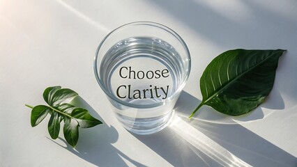 Clean Glass of Water with Green Leaves on White Surface