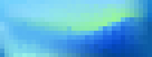 Abstract pixel backdrop displaying gradient pattern with mosaic squares. Blue and green blocks, geometric tiles, cells form digital grid. Vector texture effect.
