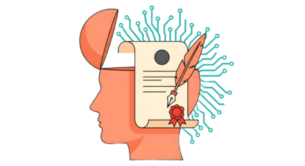 Open head with document and quill illustration on transparent background, png