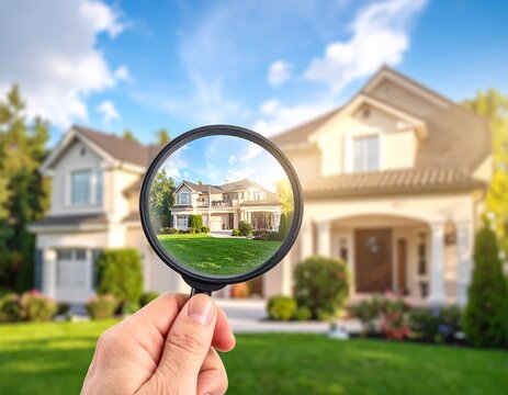 hand holds a magnifying glass aimed at a luxury private house in the suburbs - Powered by Adobe