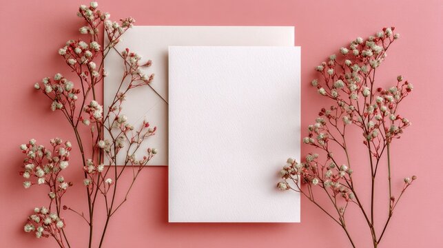 A white card with a flower on it is on a pink background. The card is empty and the flower is in the middle of the card - Powered by Adobe