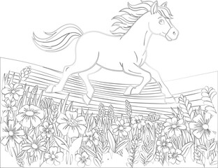 Vector art of a lively horse leaps over a fence in a field of wildflowers, , capturing the essence of freedom and the beauty of nature silhouette