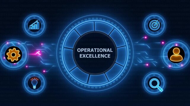 Operational Excellence Business Concept.Neon line Animated circuit board. Digital technology background.