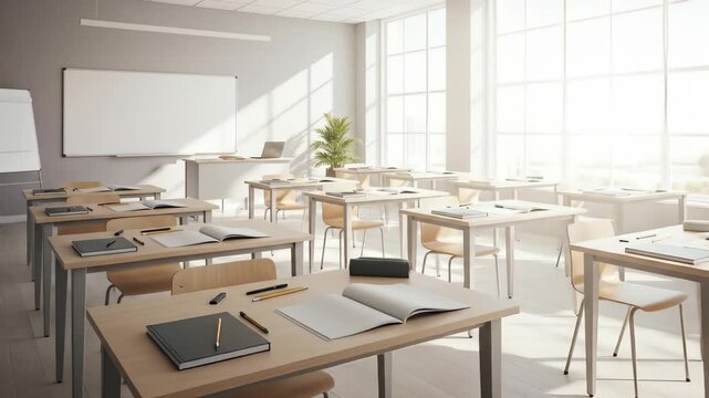 A classroom setting with rows of desks and chairs, a whiteboard, and large windows