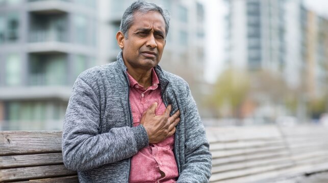 A middle-aged man sits on a wooden park bench holding his chest with a pained expression. The city skyline and greenery are visible in the background indicating a daytime scene. - Powered by Adobe