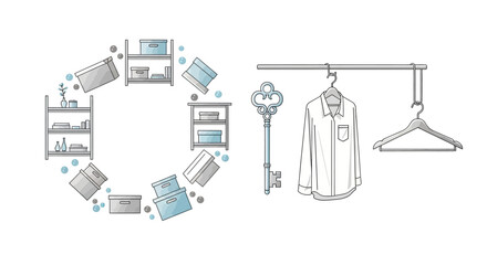 Elegant home organization vector elements with shelf wreath, hanger, and key for decluttering service branding