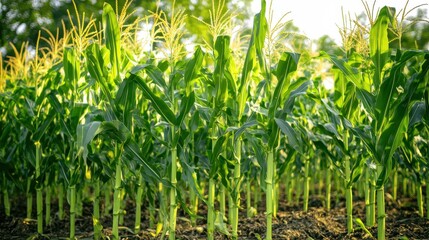 Obraz premium Healthy young corn stalks growing in a summer field