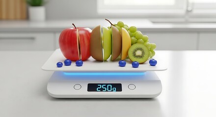 Fresh ripe fruits and berries carefully weighed on a digital kitchen scale for healthy eating and portion control