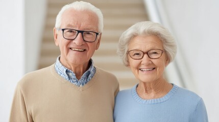 Happy Couple Embracing Newfound Freedom on Stair Lift in Bright Modern Living Space