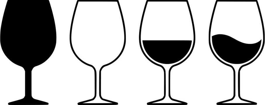 Wine glass stages icon set shows full, empty, and partially filled drink levels in a simple line art style. - Powered by Adobe