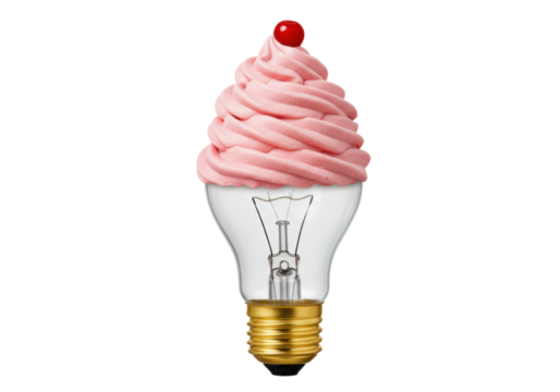 Isolated light bulb with pink swirl soft serve ice cream topping, creative new idea