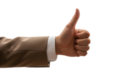 Hand giving thumbs up gesture with suit sleeve on transparent background, png