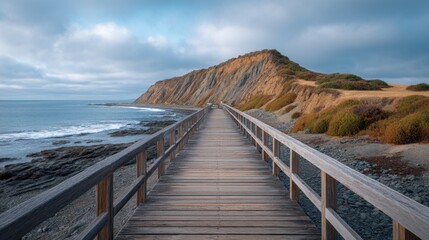 Obraz premium Tranquil Morning Light Illuminates Wooden Boardwalk Leading to Coastal Cliffs and Peaceful Waters in Dramatic Natural Landscape