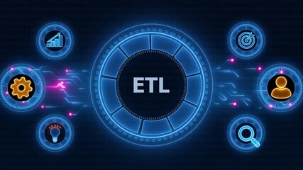 ETL Extract Transform Load concept.Neon line Animated circuit board. Digital technology background. - Powered by Adobe