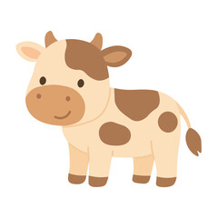 Cute spotted cow standing, flat vector cartoon illustration, isolated domestic farm animal