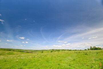 A Vast and Expansive Green Field Stretching Under a Clear and Bright Blue Sky Above