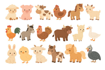 Cute farm animals set, flat vector cartoon illustration, isolated adorable domestic animal collection © exxxistence
