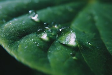Close-up of Water Droplets on a Green Leaf in Nature