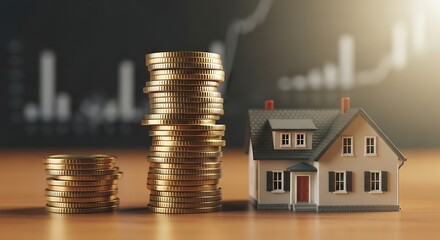 Stacked gold coins and a miniature house model representing financial investment and real estate growth with blurred financial charts in background