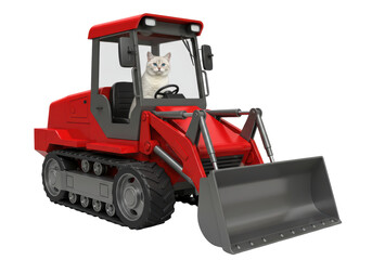Isolated red track loader, or bulldozer, with a cat driver operating it, heavy equipment