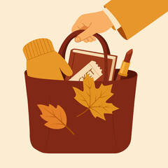 Flat vector illustration of a handbag with autumn leaves, book, gloves, and lipstick. Perfect for seasonal lifestyle design, fashion blogs, or cozy fall compositions.