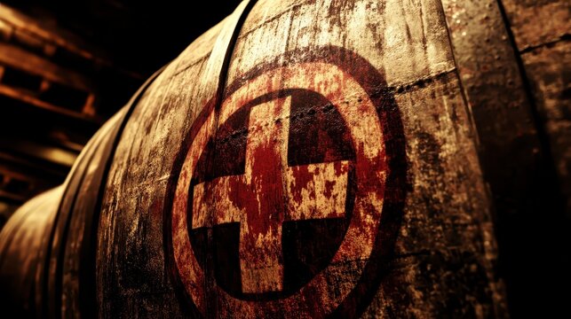 Red biohazard symbol stenciled onto a weathered wooden barrel