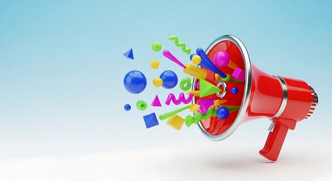 Vibrant red megaphone emitting a colorful explosion of abstract shapes and confetti against a soft blue gradient background