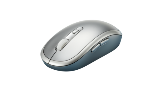 Isolated Ergonomic Silver Computer Mouse with Scroll Wheel and Buttons for Office Use