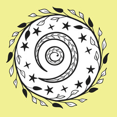 Spiral of leaves and stars in sacred geometric pattern, symbolizing harmony and nature flow