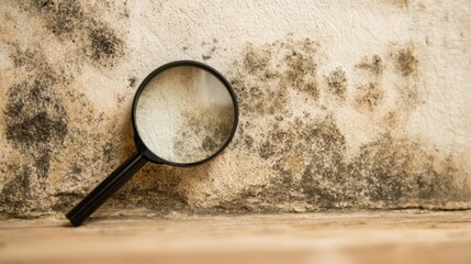 A magnifying glass is placed next to a wall showing prominent mold growth. The setting is dimly lit highlighting the texture of the mold and surrounding surface.