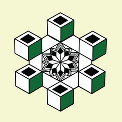 Isometric cube stack surrounding geometric mandala pattern, creating modern symmetrical abstract design