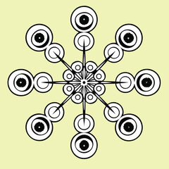 Abstract cosmic circle network with spiral symmetry and geometric mandala pattern in black and white