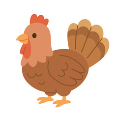 Cute brown turkey standing, flat vector cartoon illustration, isolated farm bird